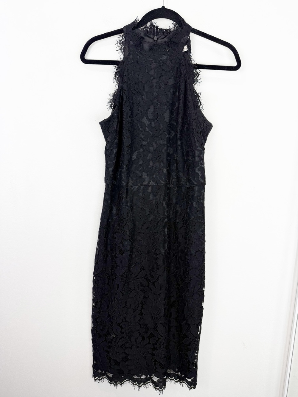 Eliza J Black Floral Lace Halter Mock Neck Midi Cocktail Dress Size 8